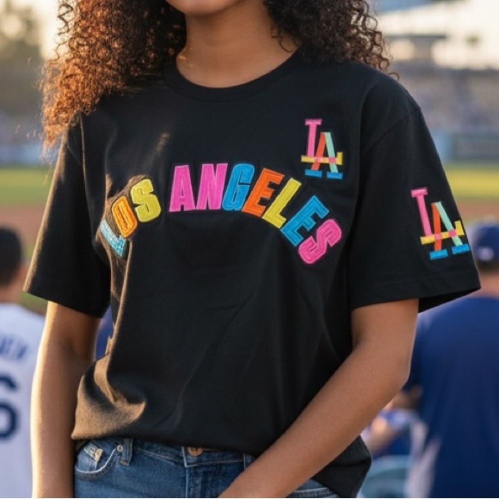 Los Angeles Dodgers Pro Standard Cotton Black Washed Neon Embroidered LA TShirt